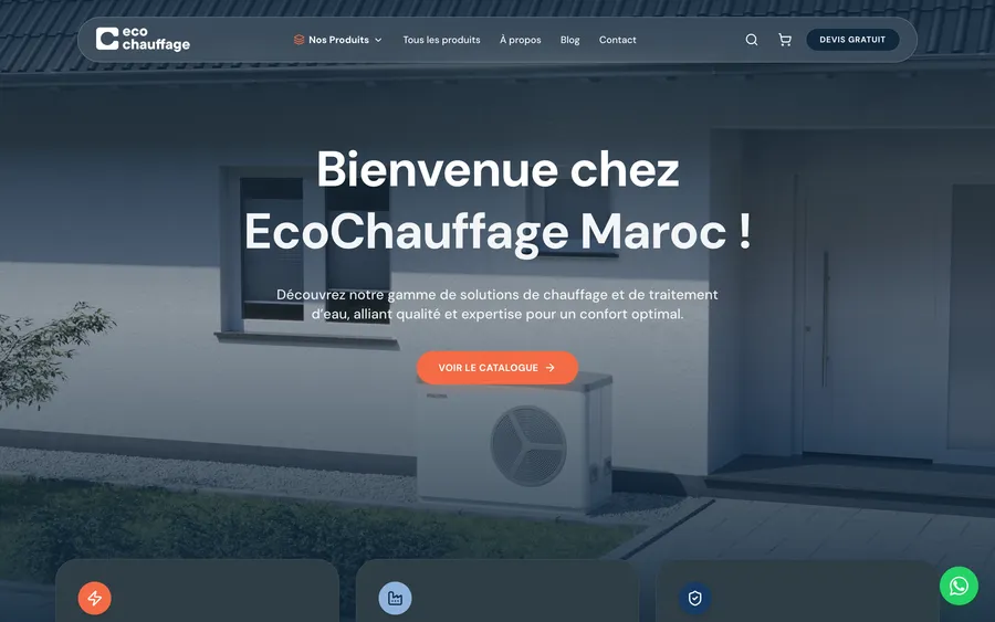 Site EcoChauffage Maroc — page d'accueil sur ordinateur